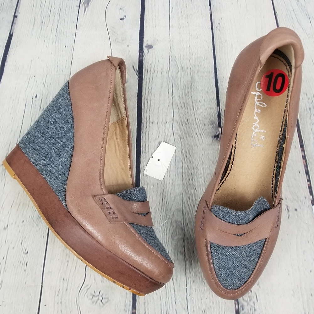 SPLENDID | herringbone fabric & leather slip-on wedge preppy loafers shoes